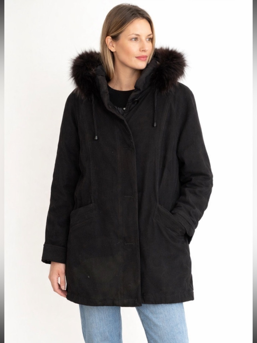 Vintage Black Parka Real Fox Fur Trim Hooded Winter Coat M